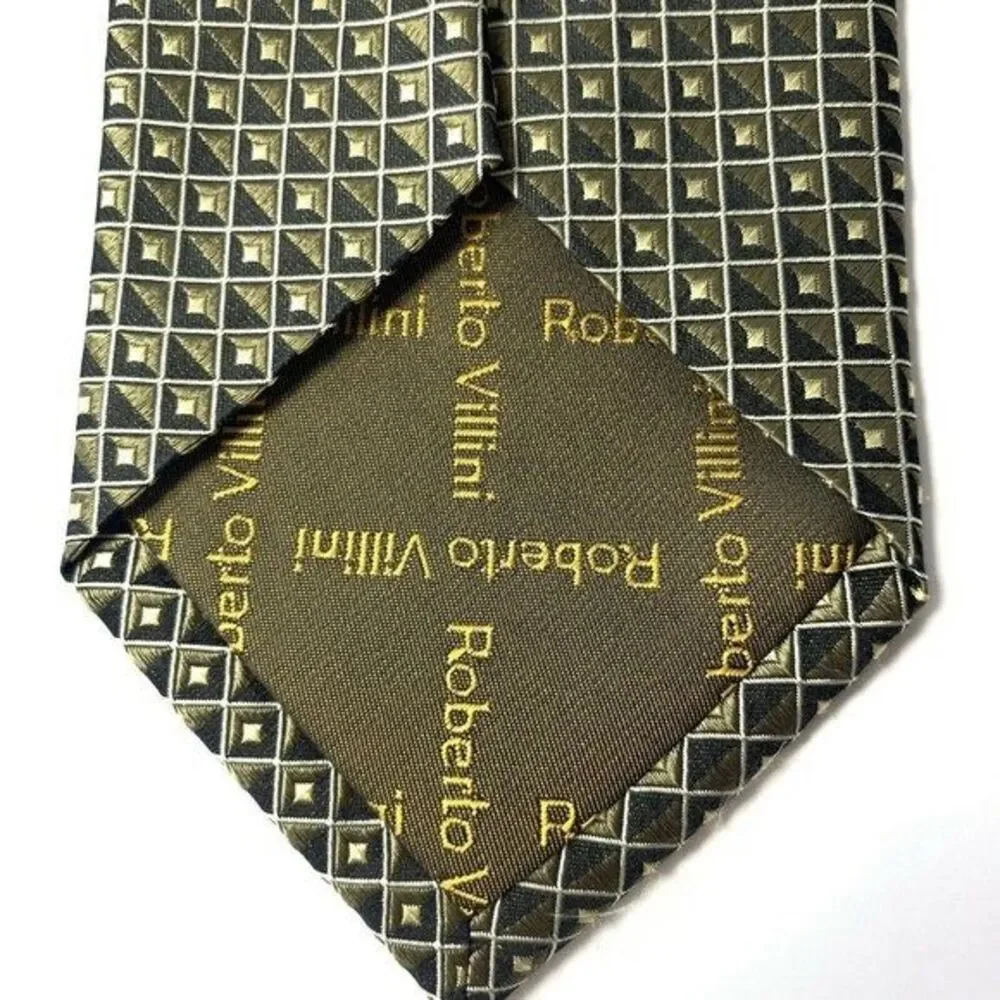 Roberto Villini Silk Tie Geometric Square Pattern‎ Gray Gold Designer Necktie